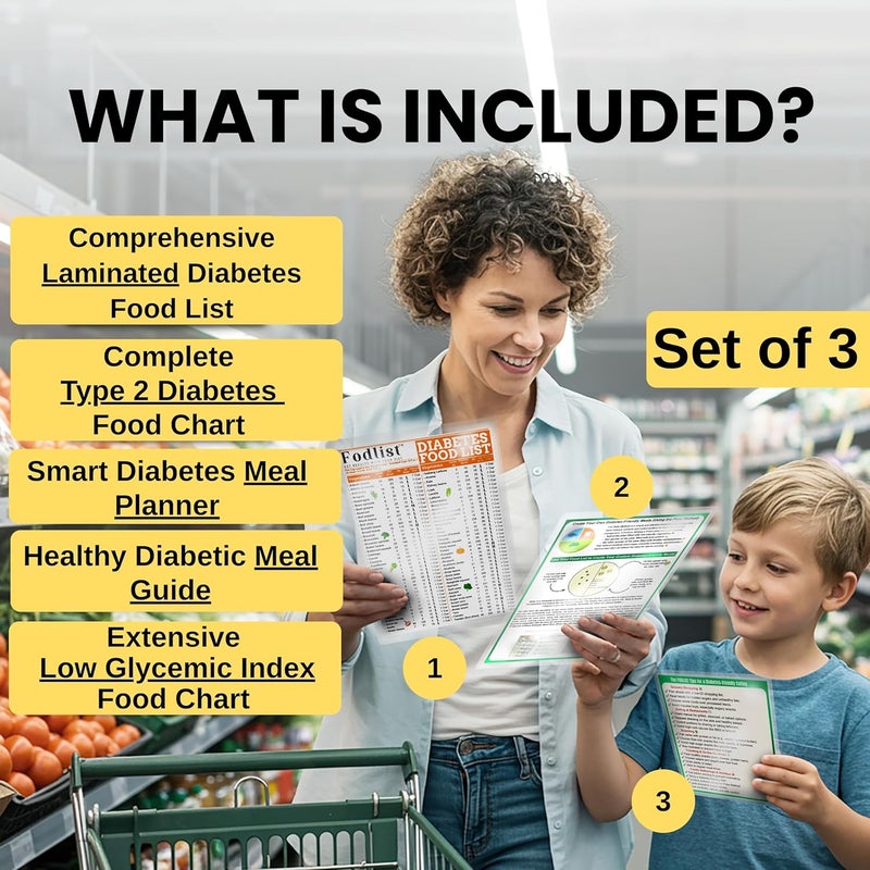 FODLIST Diabetic Food Chart. Glycemic Index Food Guide Chart. Laminated Diabetes Food List and Meal Planner, all in One. Including Carbs Counter. Helpful for Grocery, type 1, 2, & prediabetic, Meal Planning, & Healthy Nutrition that Supports Blood Sugar Control and Diabetes Management. - Image 2